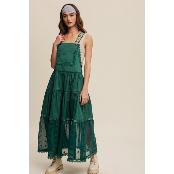 LISTICLE Forest Green Lace Embroidered Maxi Skirtall | Boho Overall Jumper - Picture 5 of 11
